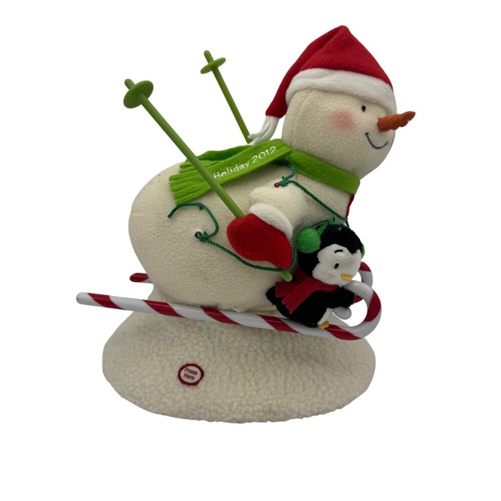 Hallmark Holiday 2012 Snowman Plush Figurine With Penguin & Candy Cane Skiing
